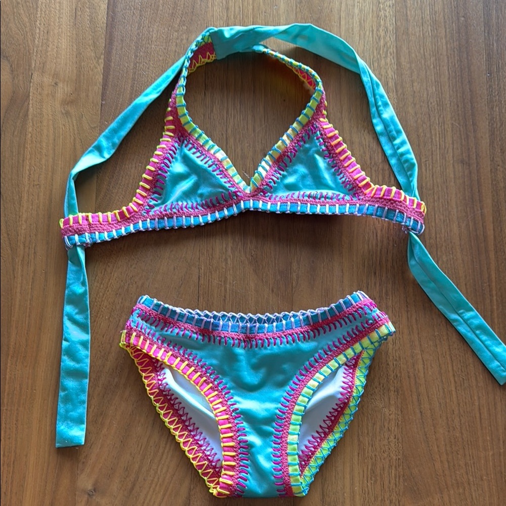 PQ Swim Blue and Pink Crochet Trim Bikini